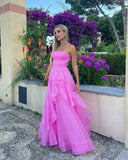 Vintage Hot Pink Strapless Long Prom Dress A-Line Ruffle Formal Dress HZ1024