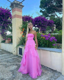 Vintage Hot Pink Strapless Long Prom Dress A-Line Ruffle Formal Dress HZ1024