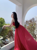 New Elegant Stylish Rose Red High-waisted Spaghetti Strap Dress HZ1024