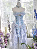 Vintage Blue Sweetheart Prom Dress Strapless Evening Dress Party Dress HZ1024