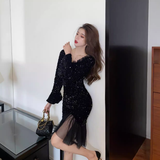 Vintage Elegant Sequins Design A-Line Square Neckline Mermaid Long-sleeved Dress HZ1024