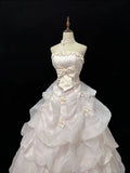 Elegant Light Pink Strapless Satin Sweet 16 Quinceanera A-Line Evening Dress Ball Gown HZ1024