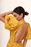 Special Yellow V-neck Lace Short Sleeve Mermaid Evening Dress Prom Dress HZ1024