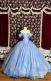 Vintage Blue Off-the-shoulder Chiffon Sweet 16 Quinceanera A-Line Princess Evening Dress Ball Gown HZ1024
