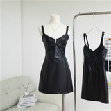 Simple Black Split Dress Design A-line Sleeveless Spaghetti Strap Leather Dress HZ1024