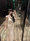 Elegant Beading Design Beige A-Line Long Banquet Halter Dress HZ1024