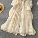 Vintage French V-neck Lantern Sleeve Single-breasted Waist Draw-in Embroidered Dress HZ1024