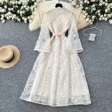 Vintage Elegant Crochet Embroidery Belt Design Single Breasted Flared Sleeve Long Dress HZ1024