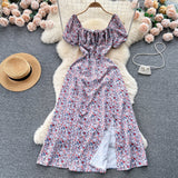 Vintage Simple Square Collar Puffed Sleeves Floral Dress HZ1024
