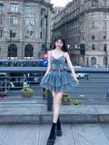 Vintage Ruffled Hem Design A-line High-waist Sleeveless Spaghetti Strap Denim Dress HZ1024