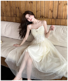 Simple Fashion Mesh Dress Design A-line Long High-waisted Spaghetti Strap Dress HZ1024