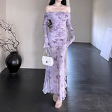 Women Elegant Mesh Butterfly Print Lavender Slim Long-sleeved Dress HZ1024