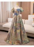 Vintage Court Retro Style Sweet 16 Quinceanera 3D Flowers Short-sleeved Evening Dress Long Ball Gown HZ1024
