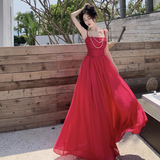 New Elegant Stylish Rose Red High-waisted Spaghetti Strap Dress HZ1024