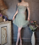 Vintage Light Green Off-the-shoulder Sparkling Beaded Design A-line Short Homecoming Dress HZ1024