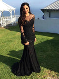 Long Sleeves Mermaid Lace Black Prom Dress, Lace Black Mermaid Formal Dress, Evening Dress, Party Dress HZ1024