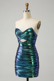New Fashion Sparkly Teal Blue Ruched Design A-line Bodycon Strapless Short Homecoming Dress HZ1024