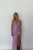 Elegant Satin Prom Dress Sheath Spaghetti Strap Evening Gown High Slit Party Dress Long Formal Dress HZ1024