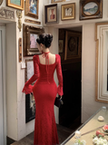 Vintage Fashion Black Square Collar Design Black A-Line Mermaid Long-sleeved Dress HZ1024