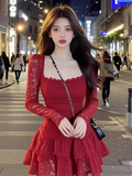 Vintage Burgundy Lace Long-sleeve A-Line Tiered Homecoming Dress Party Dress Cocktail Dress HZ1024
