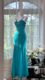 Vintage Blue Mermaid Long Prom Dress Shiny Beaded Chiffon Spaghetti Strap Formal Dress HZ1024