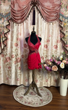 Vintage Burgundy V-neck Sheath Halter Dress Beading Satin Short Homecoming Dresses HZ1024