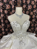 Gorgeous Ivory Satin Tulle Sweetheart Strapless Beaded Pleated Sweet 16th Quinceanera A-Line Floor-length Evening Dress Prom Dress Ball Gown HZ1024