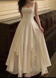Vintage White Chiffon Long Prom Dress A-Line Ruffle Formal Dress HZ1024