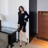 Vintage Elegant Sequins Design A-Line Square Neckline Mermaid Long-sleeved Dress HZ1024