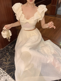Sweet Apricot V-neck Waist-exposing Design A-line Cute Sleeve Women Dress HZ1024