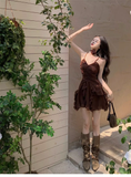 Sweet V-neck Irregular Ruffled Hem Design A-line Spaghetti Strap Dress HZ1024