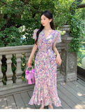 New Fashion Floaral Design V-neck Short Sleeves Mermaid Slim Long Dress HZ1024