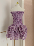 Vintage Purple 3D Flowers Strapless A-line Tulle Short Party Dress Homecoming Dresses HZ1024