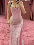 Vintage Pink Sparkling Beaded Mermaid Spaghetti Strap High Split Sexy Long Prom Dress Evening Dress HZ1024