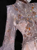 Gorgeous Sparkling Pink Beaded Sequin A-Line Romantic Chiffon Evening Dress Prom Dresses HZ1024