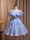 New Fashion Light Blue Pearl Design A-line Off-the-shoulder Puffy Homecoming Dress HZ1024