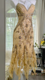Vintage Sequin Appliques Spaghetti Strap A-line V-neck Irregular Hem Party Dresses Homecoming Dresses, HZ1024