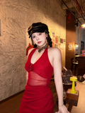 Women Simple Red Sexy Fashion Halter Dress HZ1024