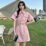 Simple Casual Short Sleeve Button-front Denim Dress HZ1024