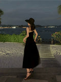 Simple Black V-neck Split Dress Design A-line Sleeveless Spaghetti Strap Dress HZ1024
