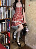 Simple Plaid Ruffled Hem Design A-line Sleeveless Spaghetti Strap Dress HZ1024