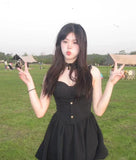 New Fashion Cinched Waist Design Black A-line Sleeveless Spaghetti Strap Dress HZ1024