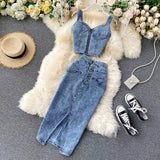 New Fashion Sexy Two-piece Short Halter Tank Top High Waisted Two-piece Denim Skirt HZ1024