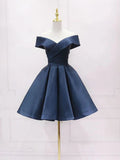Retro Navy Blue Off-the-shoulder Design A-line Satin Party Dress Homecoming Dress HZ1024