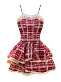 Simple Plaid Ruffled Hem Design A-line Sleeveless Spaghetti Strap Dress HZ1024