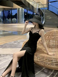 Simple Black V-neck Split Dress Design A-line Sleeveless Spaghetti Strap Dress HZ1024