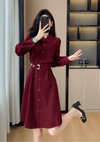 Simple Fashion Red Belt Elegant Design Women Long-sleeved Dress HZ1024