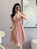 Vintage Simple Pink Plaid Elegant Design Short Sleeves Women Dress HZ1024