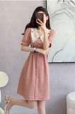 Vintage Simple Pink Plaid Elegant Design Short Sleeves Women Dress HZ1024