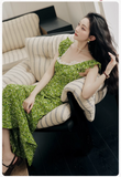 Vintage Simple Elegant Green Floral Design Beach Holiday Women Long Dress HZ1024
